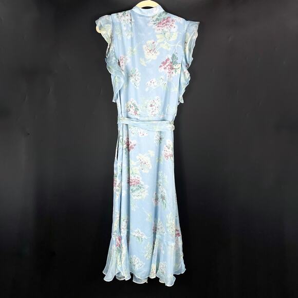 Lauren Ralph Lauren Ruffle Midi Dress Blue Floral Belted Chiffon Sz 12 - Picture 8 of 10